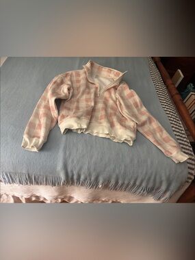 Fabletics Pink Plaid Quarter-Zip Pullover with Cream Trim - Women